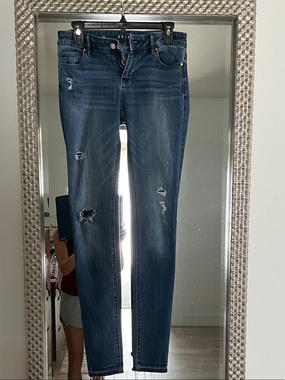 White House Black Market Dark Blue Distressed Skinny Jeans with raw hem